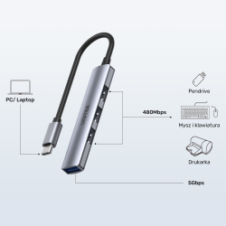 Unitek Hub USB-C do 1x USB-A 5 Gbps, 3x USB-A 2.0, aluminium