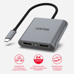 Unitek Adapter USB-C na 2x DisplayPort 1.4 8K 60Hz, 4K 120Hz, 2 obrazy